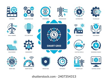 Symbol-Set für Smart Grid. Fabriken, Verteilung, erneuerbare Energien, intelligente Zähler, Kraftwerk, Eco Light Bulb, Schutz, Infrastruktur. Duotone-Farbsymbole