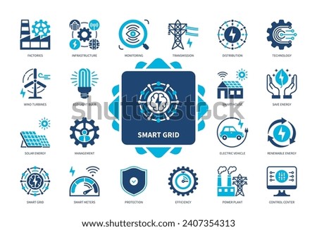 Smart Grid icon set. Factories, Distribution, Renewable Energy, Smart Meters, Power Plant, Eco Light Bulb, Protection, Infrastructure. Duotone color solid icons