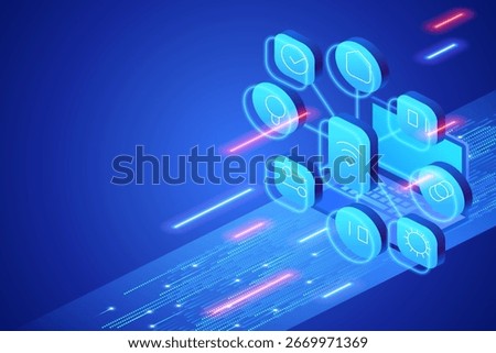 Smart grid illustration. Digital energy distribution, renewable integration, IoT sensors, and advanced analytics for efficient and sustainable factory operations.  Isometric vector