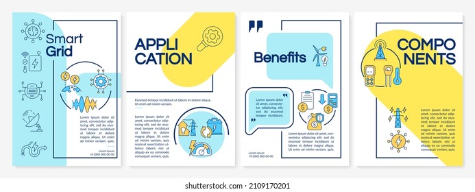 Smart grid integration blue and yellow brochure template. Booklet print design with linear icons. Vector layouts for presentation, annual reports, ads. Questrial-Regular, Lato-Regular fonts used
