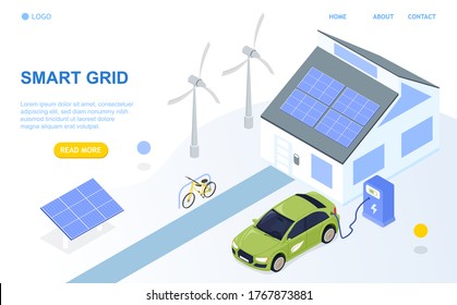 Smart grid isometric design concept. Smart detached house, renewable energy, solar panels, windmills, bio-fuel, electric bicycle. Perfect for landing page or web design. Isometric Vector Illustration.