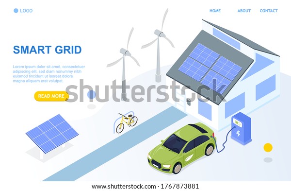 Smart grid isometric design concept. Smart\
detached house, renewable energy, solar panels, windmills,\
bio-fuel, electric bicycle. Perfect for landing page or web design.\
Isometric Vector\
Illustration.