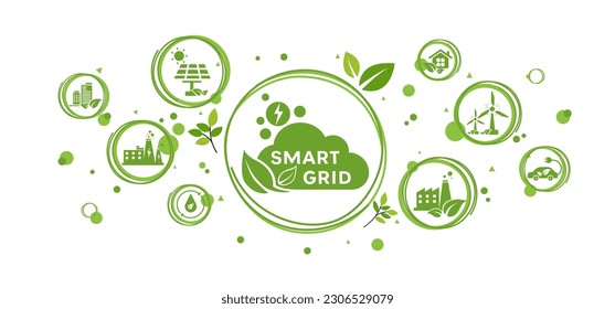 Smart grid network and grid management power supply and renewable resources infographic with relate icons set, vector illustration. flat design template.