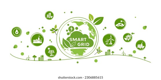 Smart grid network and grid management power supply and renewable resources infographic with relate icons set, vector illustration. flat design template.