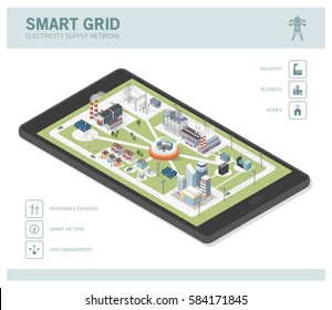 Smart grid network, power supply and renewable resources infographic with isometric buildings on a smartphone