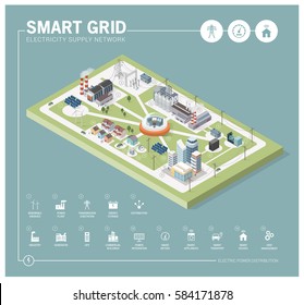 Smart grid network, power supply and renewable resources infographic with isometric buildings and icons