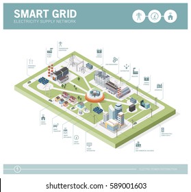 Smart Grid Network, Power Supply And Renewable Resources Infographic With Isometric Buildings And Icons