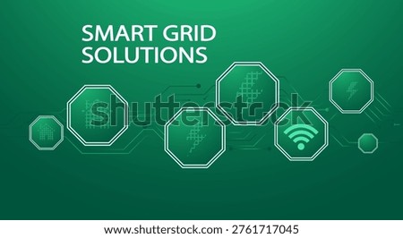 Smart grid solutions with icons for energy, home, and connectivity