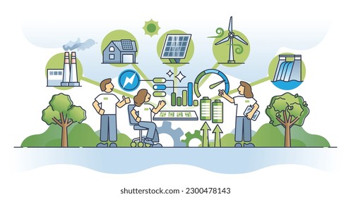 Smart grid station with renewable and green electricity power outline concept. Distributed network with solar panels, wind turbines or hydro power units vector illustration. Sustainable system control