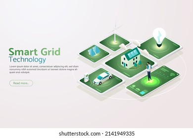 Smart Grid Technology, Smart Homes And Clean Energy Homes Eco-friendly, Electric Car Charger Wind Turbines And Solar Panels Connecting Via Smartphone. Isometric Vector Illustration.