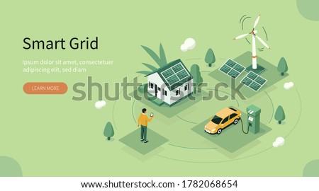 Smart Grid Technology with Renewable Energy. Wind Electricity Generators and Solar Panels Connected to Smart House and Electric Car. Sustainability and Eco Energy. Flat Isometric Vector Illustration.