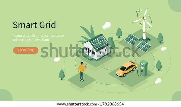 Smart Grid Technology with Renewable\
Energy. Wind Electricity Generators and Solar Panels Connected to\
Smart House and Electric Car. Sustainability and Eco Energy. Flat\
Isometric Vector\
Illustration.