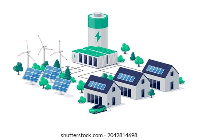 Smart Grid Virtual Battery Energy Storage Network With Urban Residence House Buildings, Solar Panel Plant, Wind And Li-ion Electricity Backup. Electric Car Charging On Renewable Power Supply System.