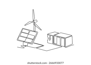 Conceito de rede de armazenamento de energia de bateria virtual de grade inteligente. Design de desenho de linha única. Ilustração gráfica vetorial