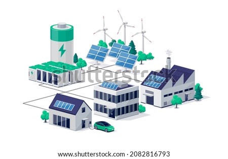 Smart grid virtual battery energy storage network with house office factory buildings, solar panel plant, wind and li-ion electricity backup. Electric car charging on renewable power supply system.