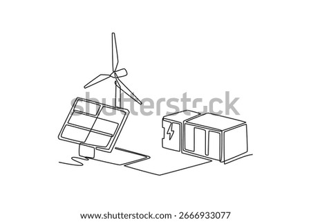 Smart grid virtual battery energy storage network concept. Single line draw design. Vector graphic illustration