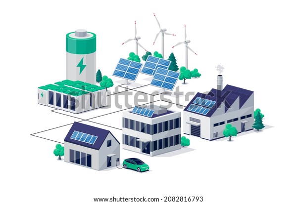 Smart grid virtual battery energy storage network\
with house office factory buildings, solar panel plant, wind and\
li-ion electricity backup. Electric car charging on renewable power\
supply system.