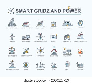 Smart Grid Web Icon For Sustainable Energy And Industrial,  Solar Power, Thermal, Hydroelectric, Electric Vehicle, Smart Home And Wind Power. Minimal Vector.