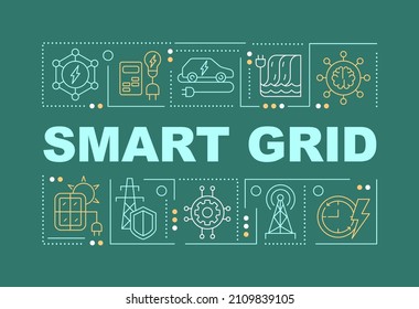 Smart grid word concepts green banner. Energy distribution. Infographics with linear icons on background. Isolated typography. Vector color illustration with text. Arial-Black font used