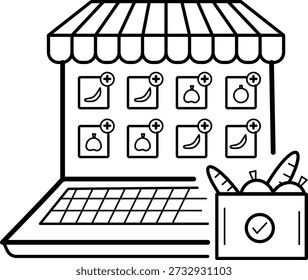 Concepto inteligente del sistema de pedidos de comestibles, mercado digital para el diseño de íconos de Vector de alimentos frescos, comercio electrónico e ilustración de stock de compras