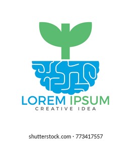 Smart grow logo design. Plant Growing Inside The Brain Icon.