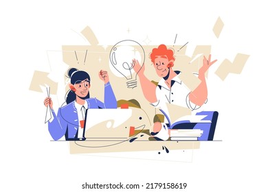 Smart guy with bright genius idea in office vector illustration. Working mess on workplace flat style. Sharing knowledge, teamwork concept