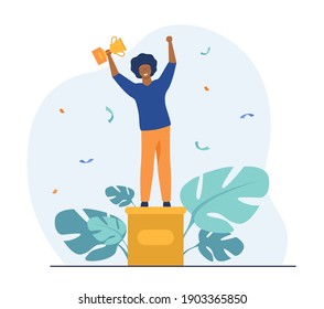 Smart guy getting award. Winner standing on pedestal, holding golden cup. Flat vector illustration. Winning, success, achievement concept for banner, website design or landing web page