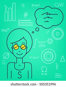 Smart guy with glasses. The formulas, diagrams, graphs. speech Cloud.  gear school