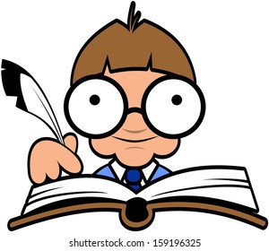 Smart guy writing in a big book