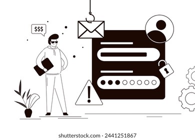 Smart hacker sending scam email. Fraud, phishing attacking concept. Hackers stealing privacy account, data and password. Not protected and unlocked account. Monochrome linear vector illustration