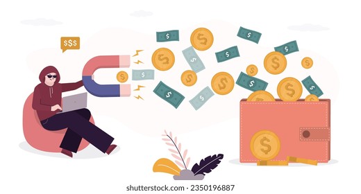 Smart hacker uses magnet and laptop to attract money from wallet. Online banking bad security. Robber steals money from virtual wallet. Scam, phishing, cyber crime concept, flat vector illustration