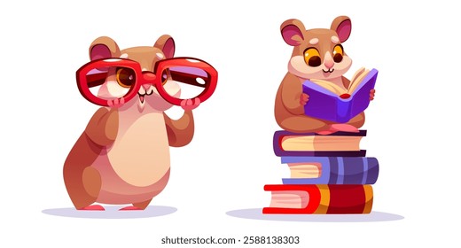 Smart hamster characters set isolated on white background. Vector cartoon illustration of smiling rodent pet wearing big eyeglasses, reading on stack of books, school education mascot, funny animal