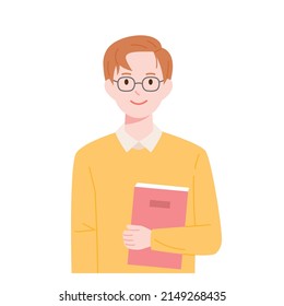 Smart handsome boy in glasses is holding a book and looking to the front. flat design style vector illustration.