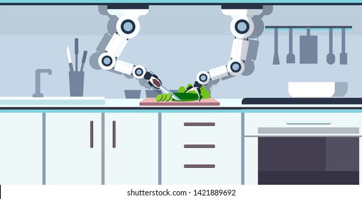 smart handy chef robot cutting cucumber on board robotic assistant innovation technology artificial intelligence concept modern kitchen interior flat horizontal