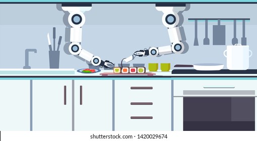 smart handy chef robot preparing sushi robotic assistant innovation technology artificial intelligence concept modern kitchen interior flat horizontal