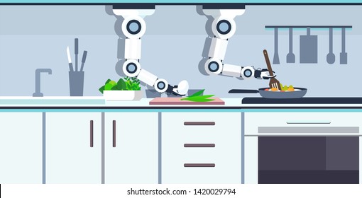 smart handy chef robot preparing fried eggs in frying pan robotic assistant innovation technology artificial intelligence concept modern kitchen interior flat horizontal