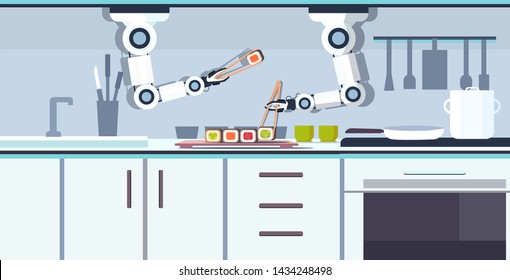 smart handy chef robot preparing sushi using chopsticks robotic assistant innovation technology artificial intelligence concept modern kitchen interior flat horizontal