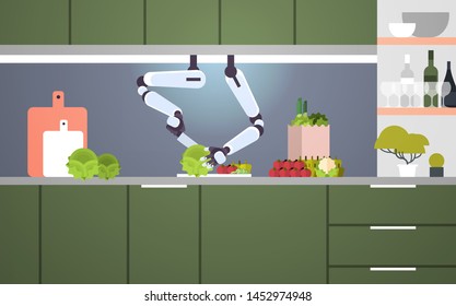 smart handy chef robot preparing vegetable salad robotic assistant innovation technology artificial intelligence concept modern kitchen interior flat horizontal