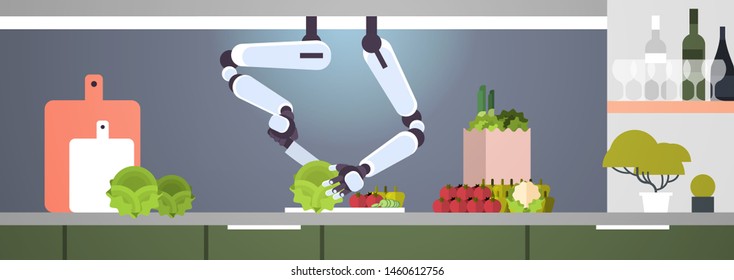 smart handy chef robot preparing vegetable salad robotic assistant innovation technology artificial intelligence concept modern kitchen interior flat horizontal banner