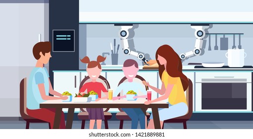 smart handy chef robot rolling dough for family sitting at dining table robotic assistant innovation technology artificial intelligence concept modern kitchen interior flat horizontal portrait