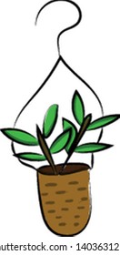 Una elegante olla marrón colgante con plantas sin duda realza la decoración actual de cualquier habitación en el hogar aislada en un fondo blanco visto desde el frente, vector, el dibujo a color o la ilustración.