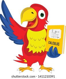 Smart Happy Cartoon Character Parrot Presenting Holding Calculus Book