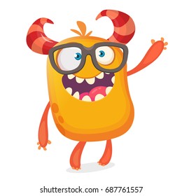 Smart happy cartoon monster character wearing eyeglasses. Halloween vector orange and horned monster. Design for emblem, logo or sticker