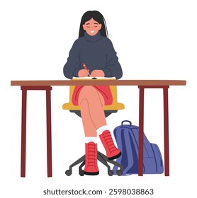 Smart happy girl high school student cartoon character writing in copybook during education lecture sitting at class desk table isolated on white background. Experienced education vector illustration