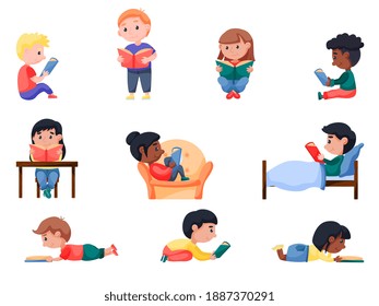 Smart happy little kids enjoys reading books and studying set. Cute girl and boy reader, young literature fans learning at home or school library. Vector illustration isolated on white background