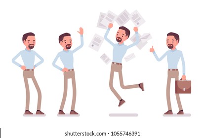 Smart happy middle aged man in buttoned up shirt and camel skinny chino trousers in positive emotions. Business stylish workwear trend and office city fashion. Vector flat style cartoon illustration