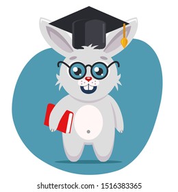 a smart hare in a hat and glasses stands at full height with a book in his paws. Flat character vector illustration.