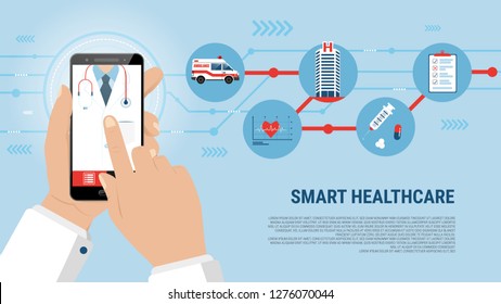 Smart healthcare application concept on blue background. abstract background.