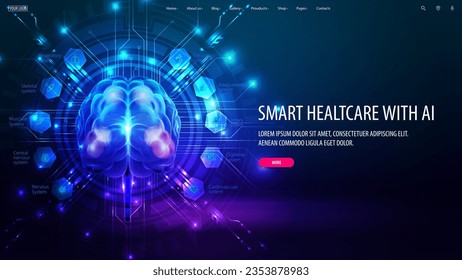 Smart healthcare with artificial Intelligence, ccomputer database concept. Human health diagnostics by artificial intelligence. Brain Diagnostics. Tech Futuristic Template.