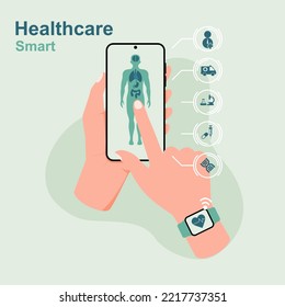 Smart healthcare concept. Smartwatch or smart gadget for tracking the physical indicators of the body. Display the analysis results on a smartphone. Vector illustration flat design.